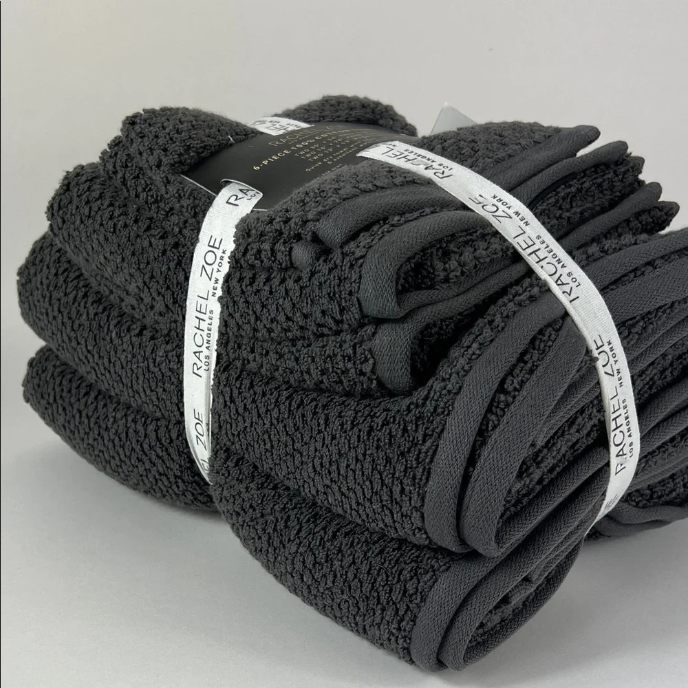 6 Pc Rachel Zoe Bath Towel Set Dark Gray Quick Dry Soft 100% Cotton NEW